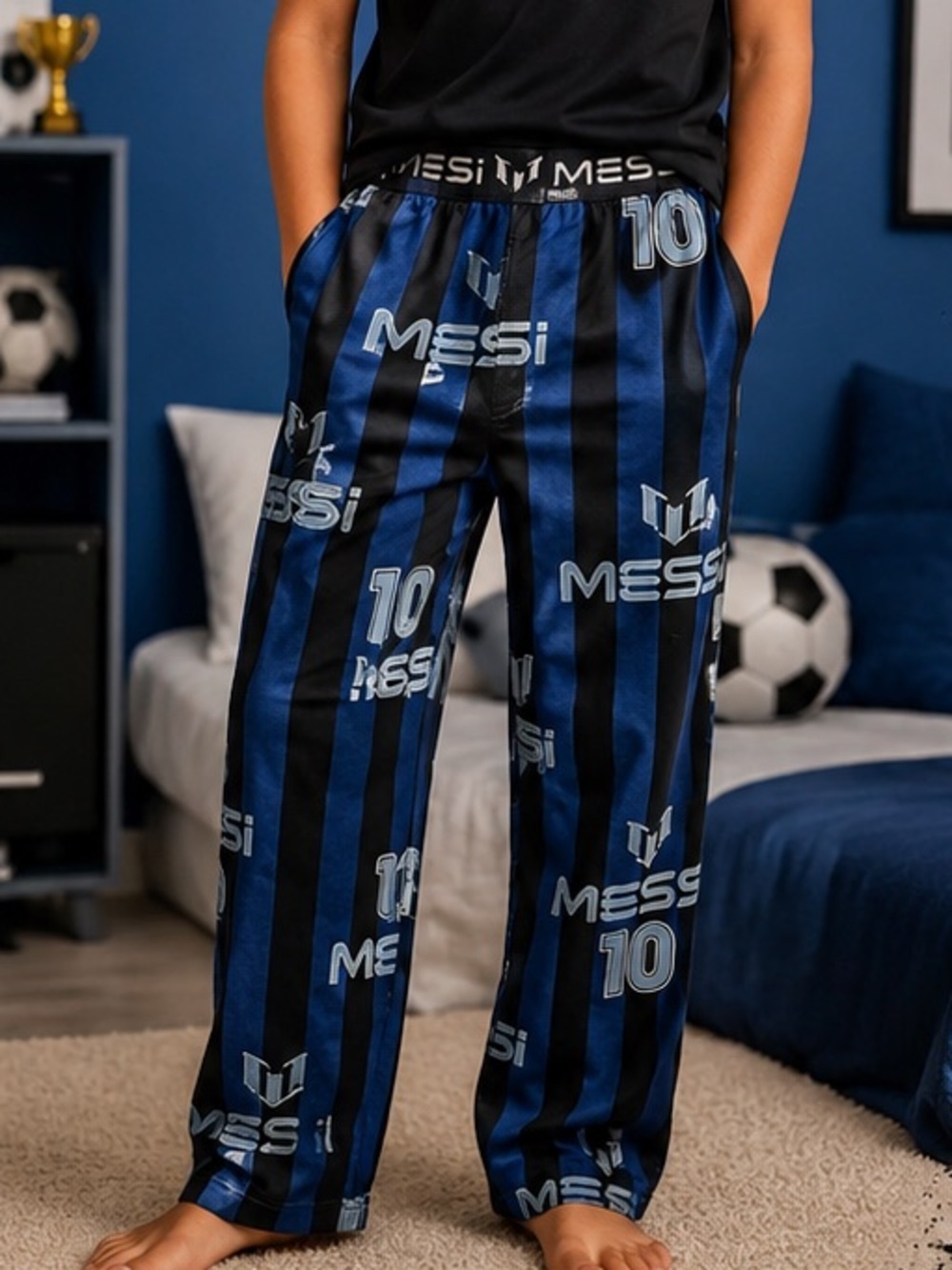 MESSI Blue & Black Striped Kids Pajama Pants BOYS MEDIUM